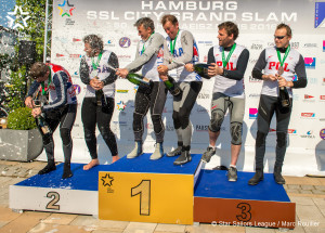 Podium of the first Star Sailors League City Grand Slam 2016 Hamburg: 1. Bow no: 004 // Sail: FRA 8237 // Skipper: Xavier ROHART // Crew: Pierre-Alexis PONSOT; 2. Bow no: 010 // Sail: NOR 8317 // Skipper: Eivind MELLEBY // Crew: Joshua REVKIN; 3. Bow no: 009 // Sail: POL 8404 // Skipper: Mateusz KUZNIEREWICZ // Crew: Dominik ZYCKI